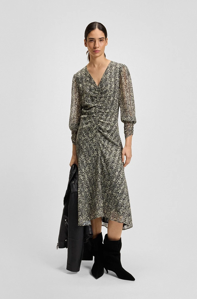 Printed-seersucker midi dress with gathered details