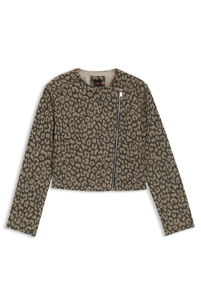 Cropped biker jacket leopard jacquard