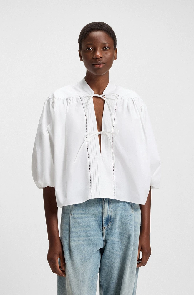 Relaxed-fit blouse cotton poplin with tie neckline
