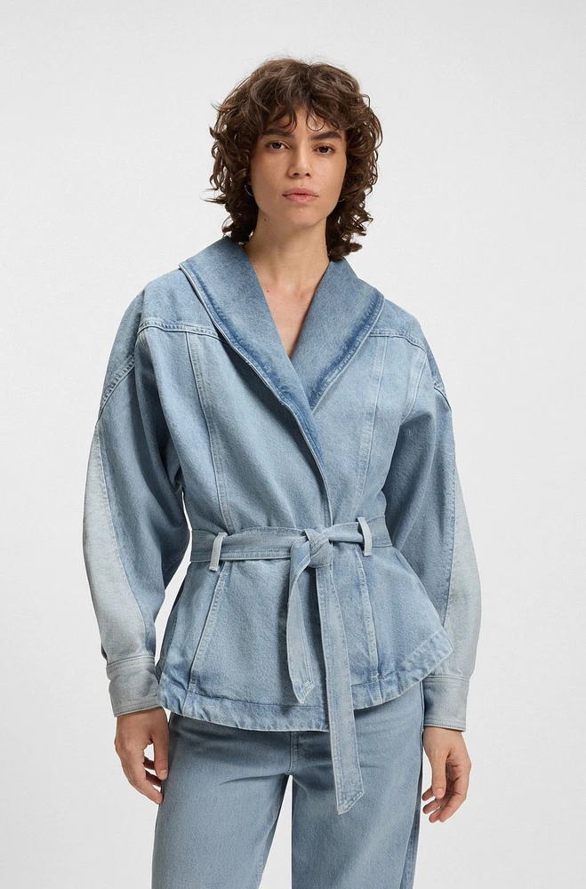 Peplum-hem jacket blue rigid denim with belt
