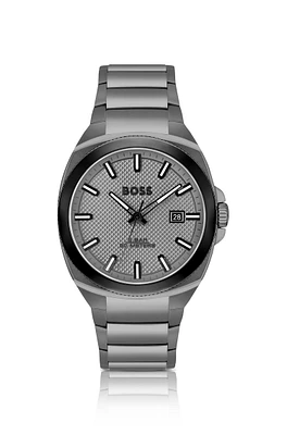 Gray link-bracelet watch with tonal guilloché dial
