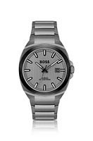 Gray link-bracelet watch with tonal guilloché dial
