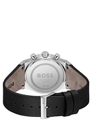 Silver-tone chronograph watch with black leather strap