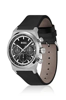 Silver-tone chronograph watch with black leather strap