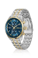 Two-tone chronograph watch with blue dial