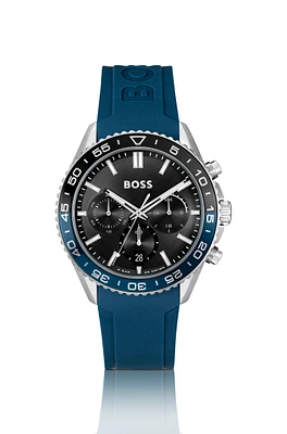 Black-dial chronograph watch with blue silicone strap