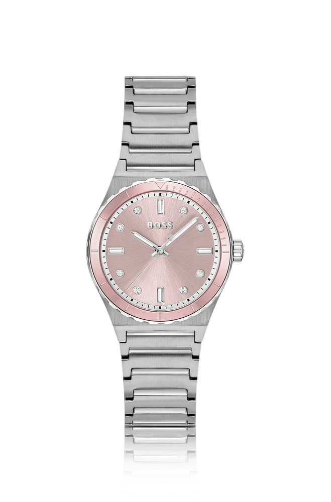 Pink-dial watch with crystal indexes and link bracelet