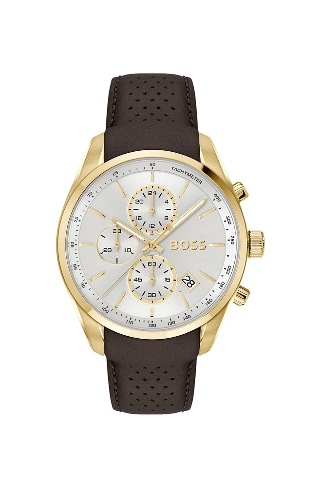 Gold-tone chronograph watch with perforated leather strap