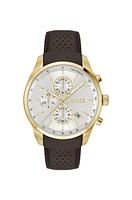 Gold-tone chronograph watch with perforated leather strap