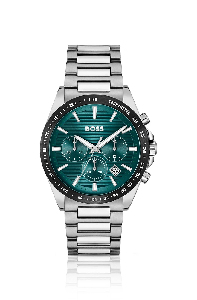 Link-bracelet chronograph watch with green grooved dial