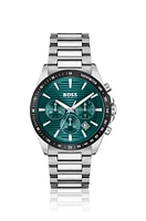 Link-bracelet chronograph watch with green grooved dial