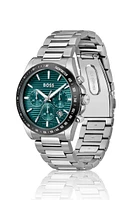 Link-bracelet chronograph watch with green grooved dial