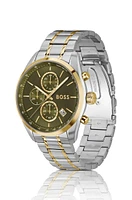 Two-tone chronograph watch with olive dial