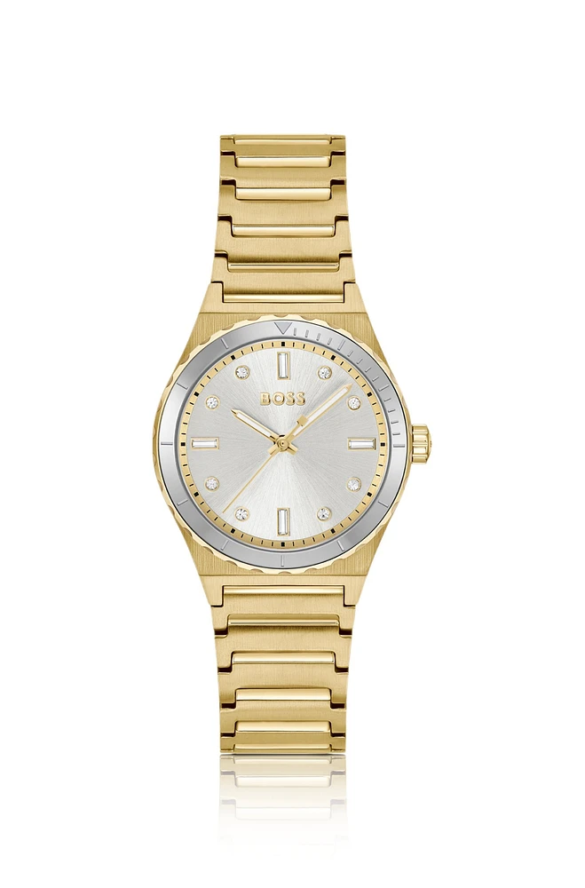 Gold-tone watch with crystal indexes and link bracelet