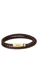 Brown braided-leather cuff with logo closure
