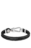 Black braided-leather cuff with silver-tone carabiner closure