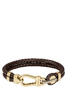 Brown braided-leather cuff with gold-tone carabiner closure