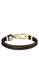 Brown braided-leather cuff with gold-tone carabiner closure