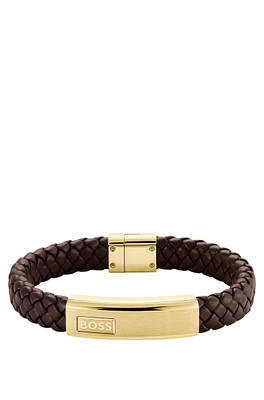 Brown braided-leather cuff with gold-tone logo plate