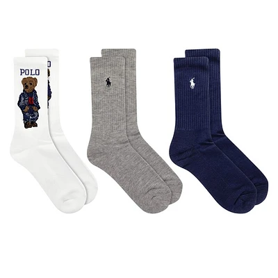 Polo Ralph Lauren Women's Three Pack Americana Sport Bear Crew Socks in White/Gray/Navy, Polyester