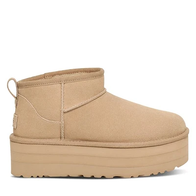 UGG Women's Classic Ultra Mini Platform Boots in Beige, Size 10, Leather