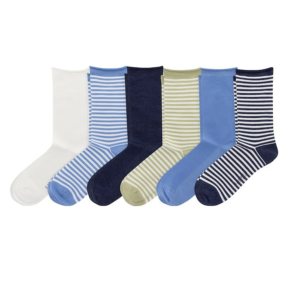 Polo Ralph Lauren Women's Striped Six Pack Roll Top Crew Socks in Blue, Polyester