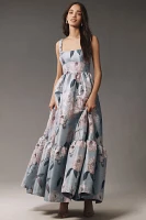Mac Duggal Square-Neck Floral Printed Satin Maxi Dress