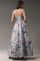 Mac Duggal Square-Neck Floral Printed Satin Maxi Dress