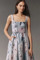 Mac Duggal Square-Neck Floral Printed Satin Maxi Dress