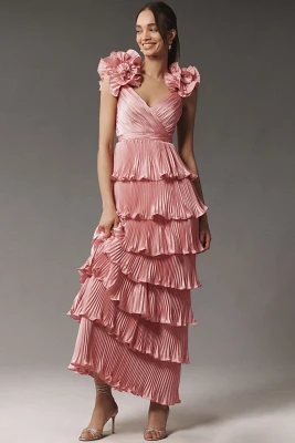 Mac Duggal Floral-Strap Tiered Ruffled Pleated Satin Maxi Dress