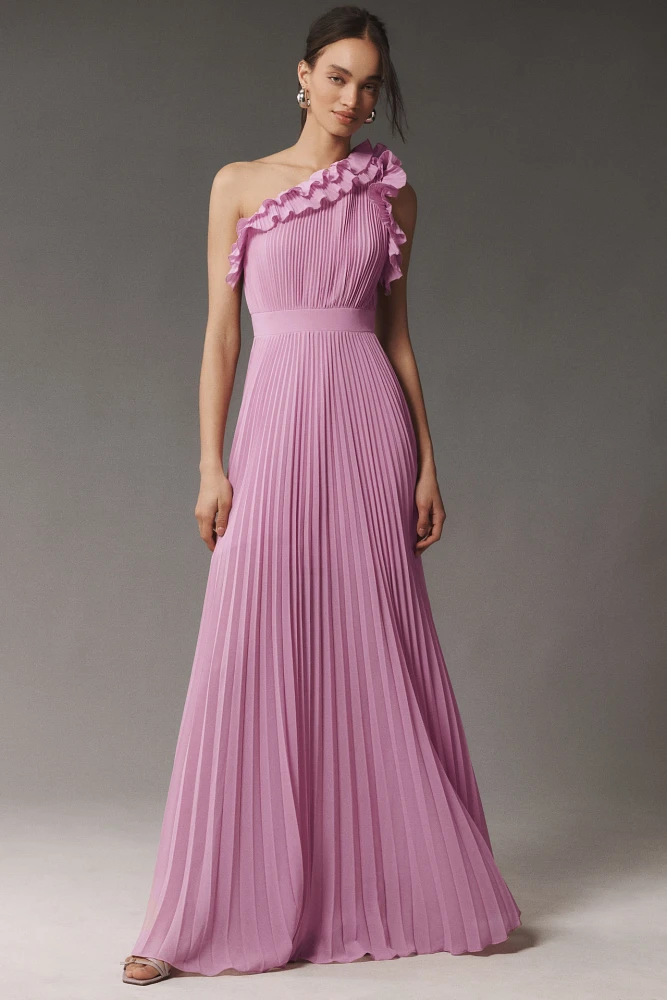 Dress The Population Vida One-Shoulder Pleated Chiffon Maxi