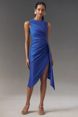 Shoshanna Colony Sleeveless Asymmetric Draped Taffeta Midi Dress