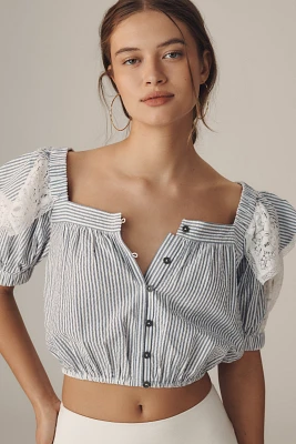 Maeve Ruffled Puff-Sleeve Button-Front Crop Blouse