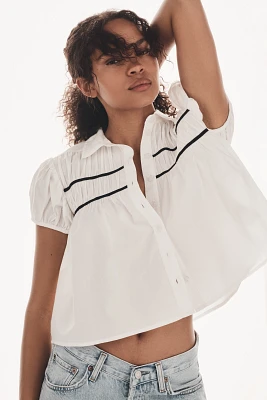 The Leandra Cap-Sleeve Shirred Yoke Blouse by Maeve