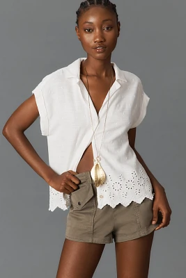 Cloth & Stone Linen Blend Short-Sleeve Eyelet Buttondown Shirt