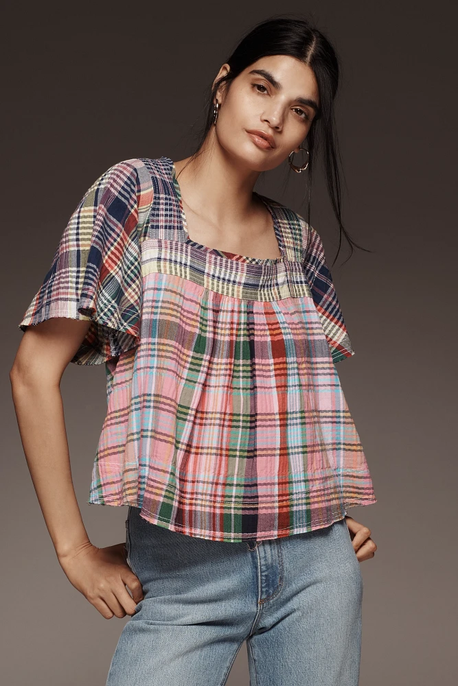 Pilcro Mixed Madras Flutter-Sleeve Blouse