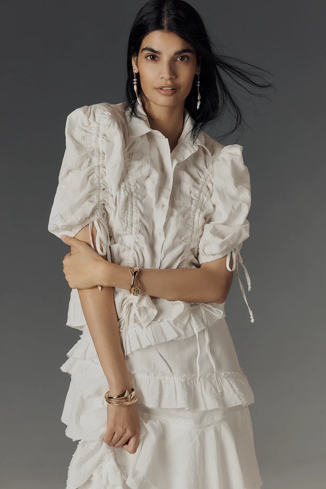 Maeve Drawstring Puff-Sleeve Button-Front Blouse