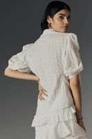 Maeve Drawstring Puff-Sleeve Button-Front Blouse