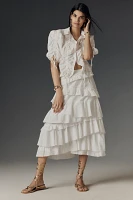 Maeve Drawstring Puff-Sleeve Button-Front Blouse