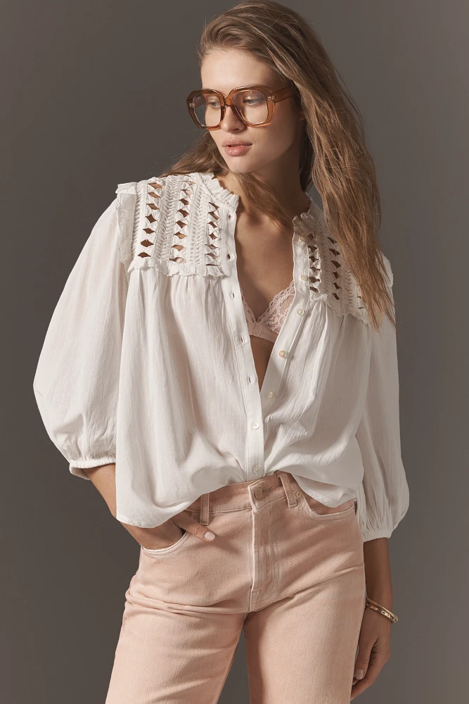 By Anthropologie Long-Sleeve Twisted Latticework Blouse