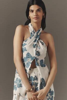 By Anthropologie Halter Block Print Silky Blouse