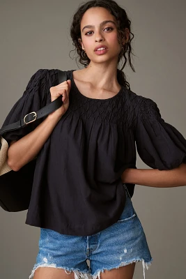 The Liza Puff-Sleeve Smocked Linen Top