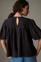 The Liza Puff-Sleeve Smocked Linen Top