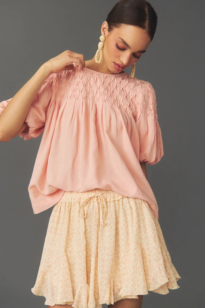 The Liza Puff-Sleeve Smocked Linen Top