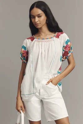 By Anthropologie Short-Sleeve Embroidered Tunic Top