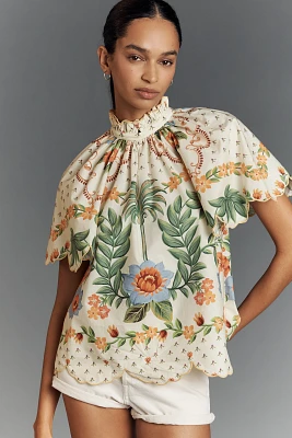 Farm Rio Short-Sleeve High-Neck Printed Blouse