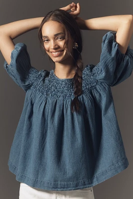 The Liza Smocked Puff-Sleeve Denim Blouse
