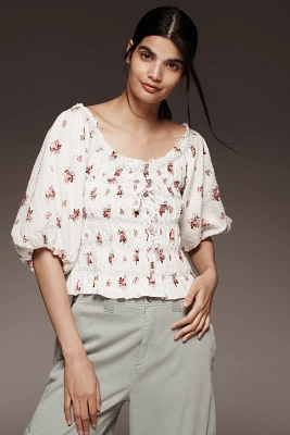 By Anthropologie Puff-Sleeve Smocked Floral Print Blouse