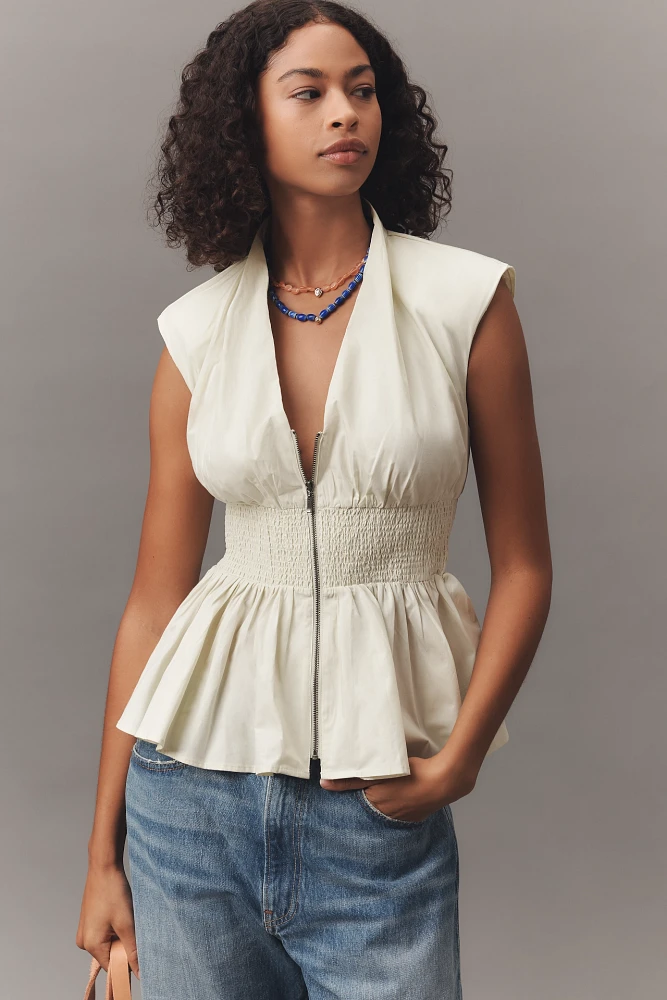 The Tommie Cap-Sleeve Smocked Front-Zip Shirt