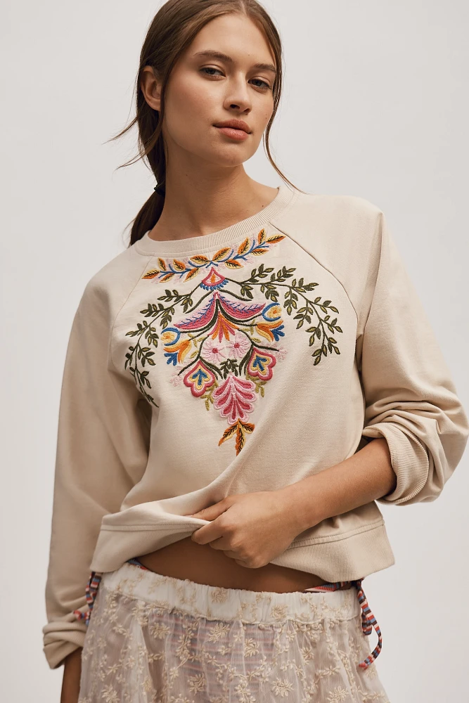 By Anthropologie Embroidered Short Sleeve Sweatshirt